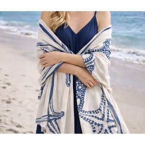 Mud Pie Starfish Oversized Beach Scarf Shawl Wrap Nautical Blue White 73 x 36